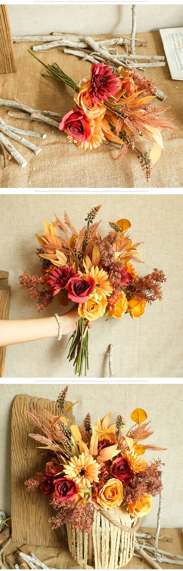 Autumn Bouquet Silk Rose Maple Leaves Dandelion Fake Flowers