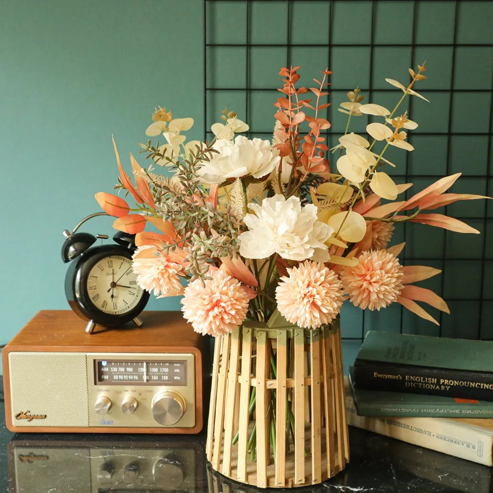 Autumn Bouquet Silk Rose Maple Leaves Dandelion Fake Flowers