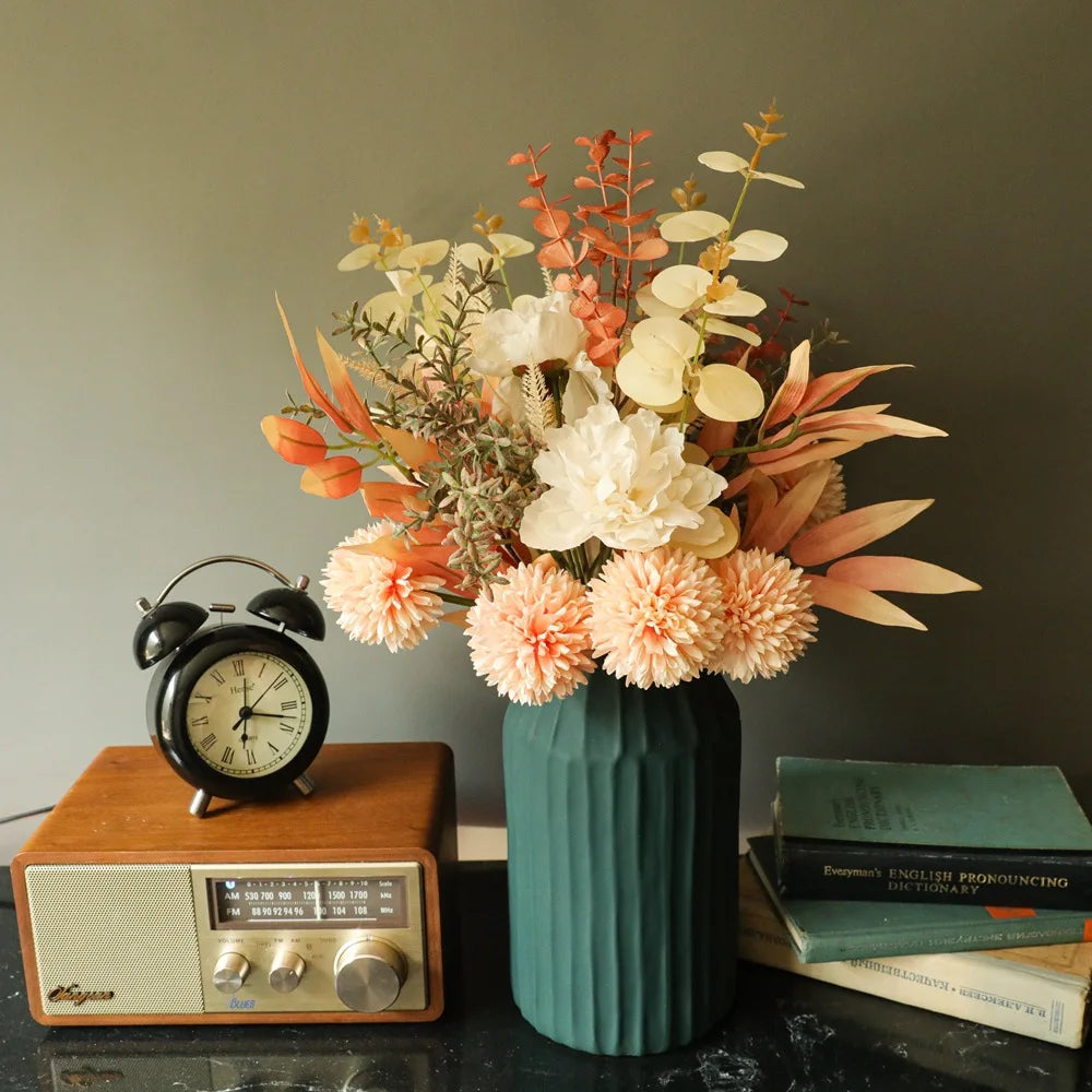 Autumn Bouquet Silk Rose Maple Leaves Dandelion Fake Flowers