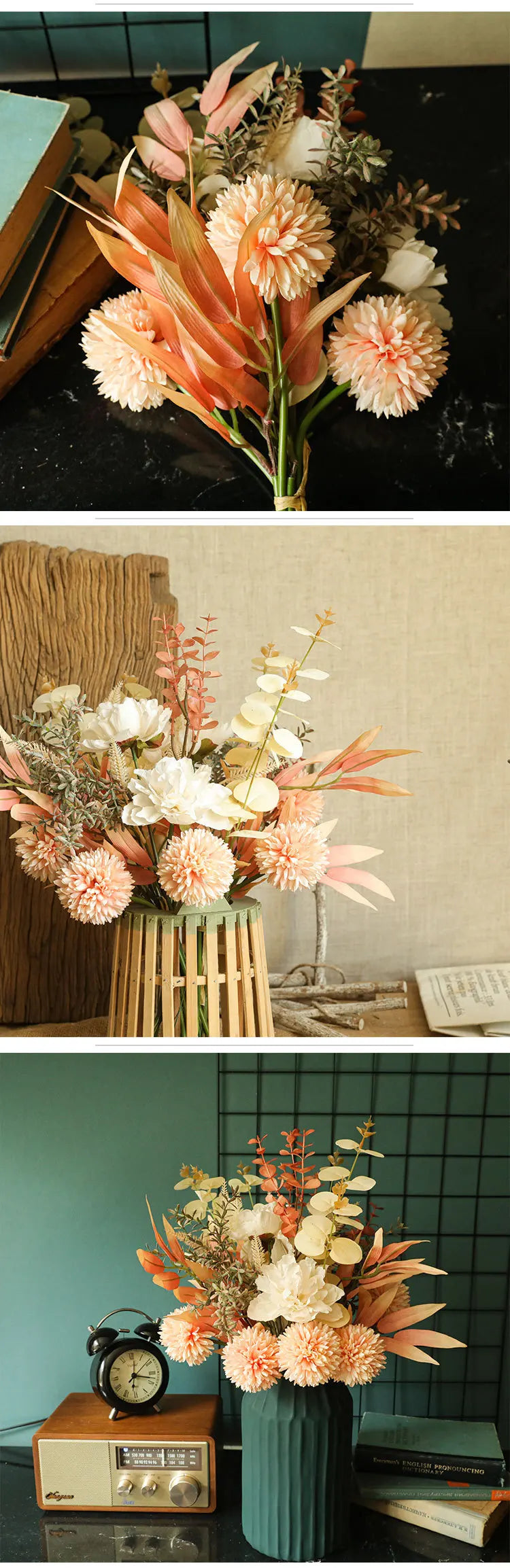 Autumn Bouquet Silk Rose Maple Leaves Dandelion Fake Flowers