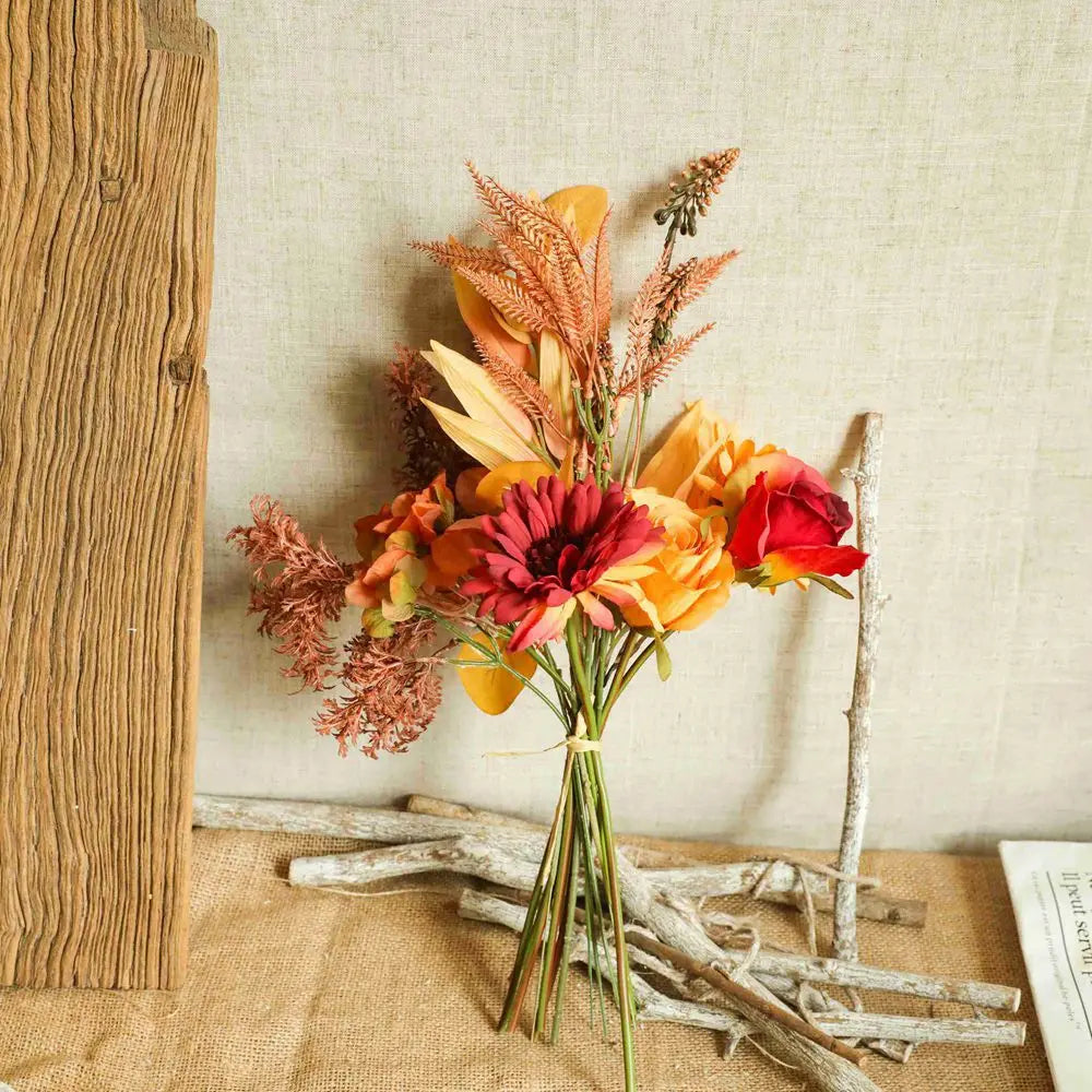 Autumn Bouquet Silk Rose Maple Leaves Dandelion Fake Flowers