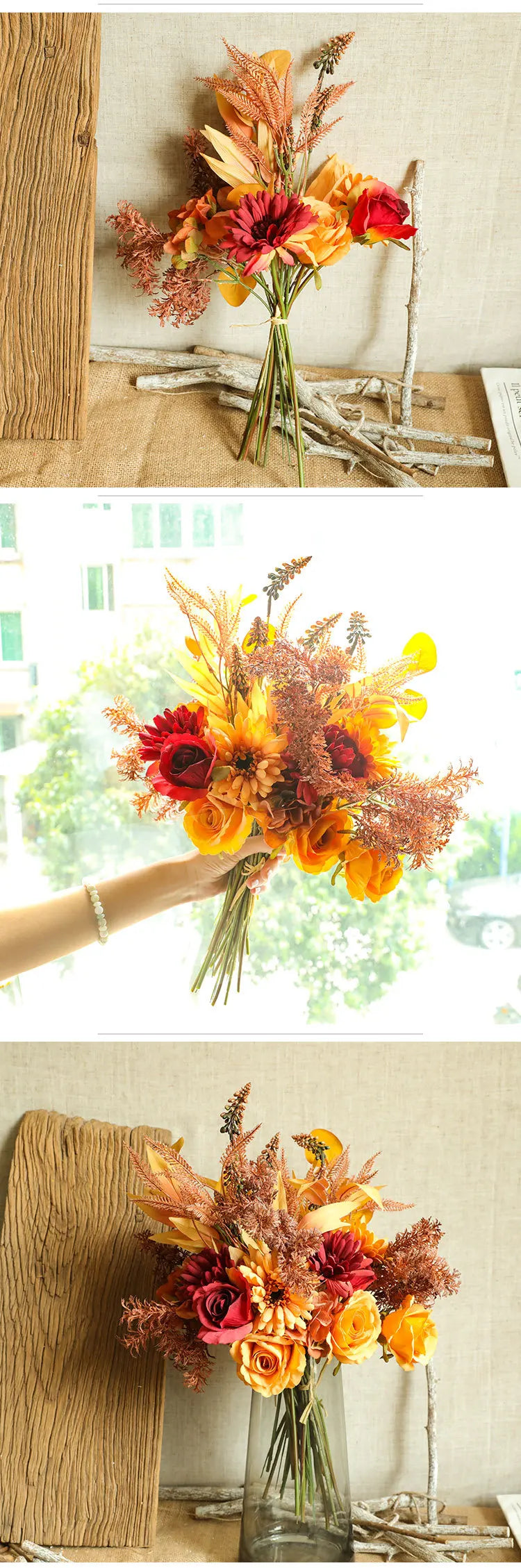 Autumn Bouquet Silk Rose Maple Leaves Dandelion Fake Flowers