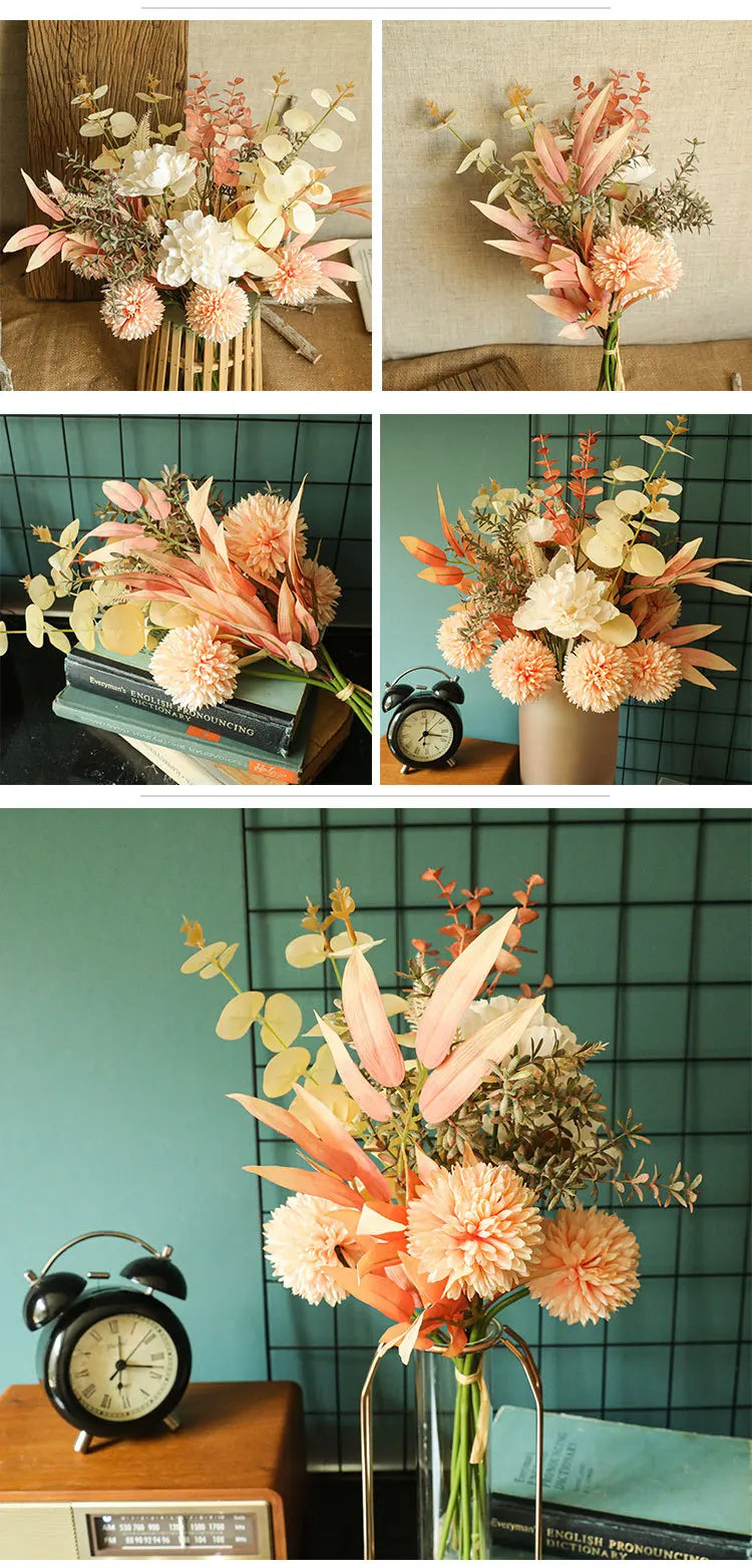Autumn Bouquet Silk Rose Maple Leaves Dandelion Fake Flowers