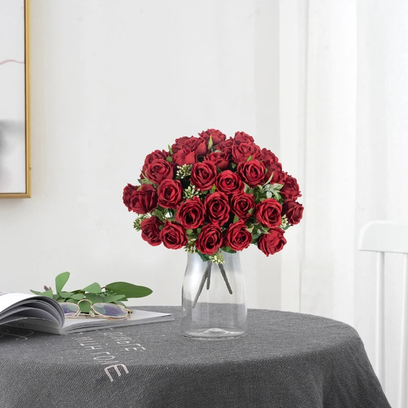 Artificial Flower Ten Head Silk White Rose Bundle Scrapbook Christmas Wedding Outdoor Garden Party Family Room Vase Decoration