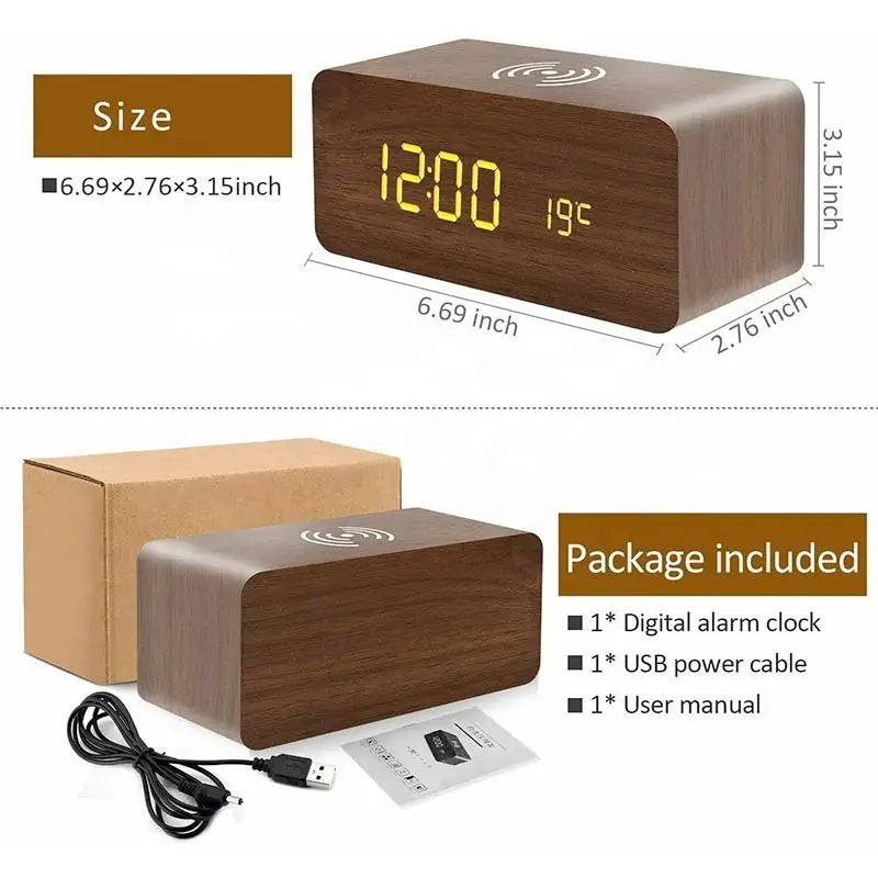 Wooden Digital Alarm Clock with Wireless Charging