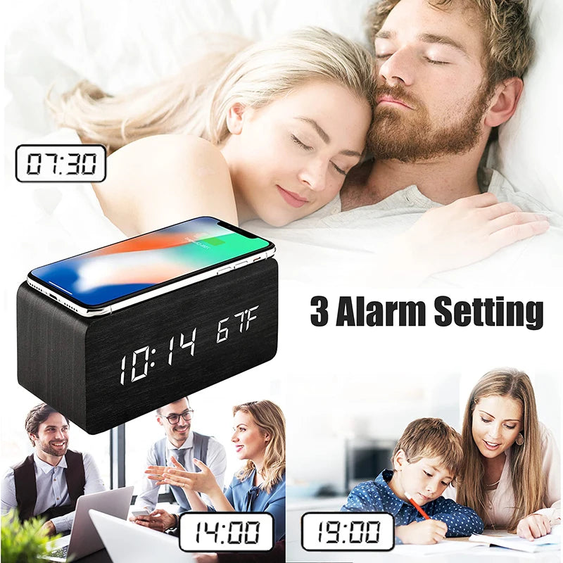Wooden Digital Alarm Clock with Wireless Charging
