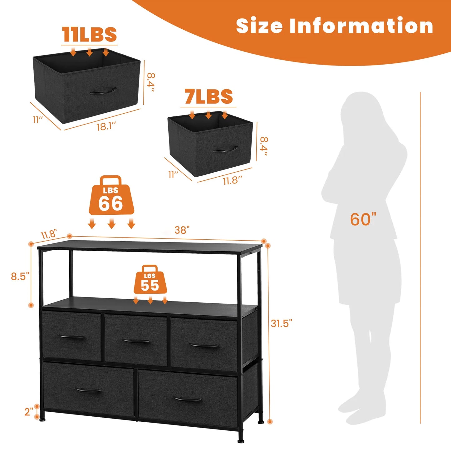 JHK Shoe Cabinet Dresser With 5 Fabric Drawers