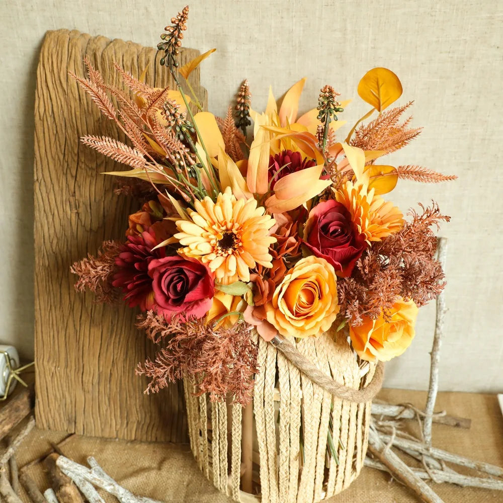 Autumn Bouquet Silk Rose Maple Leaves Dandelion Fake Flowers