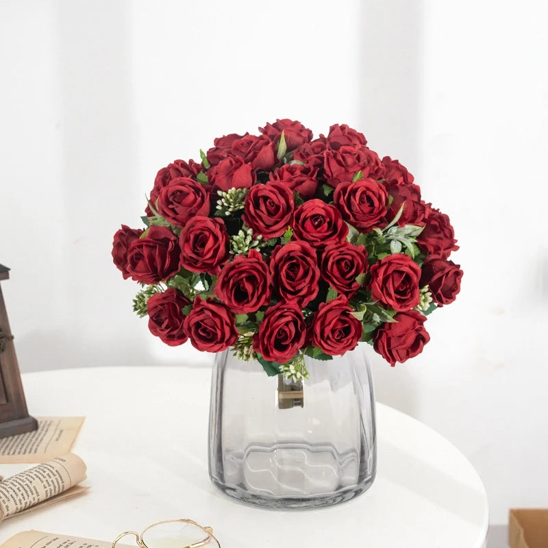 Artificial Flower Ten Head Silk White Rose Bundle Scrapbook Christmas Wedding Outdoor Garden Party Family Room Vase Decoration