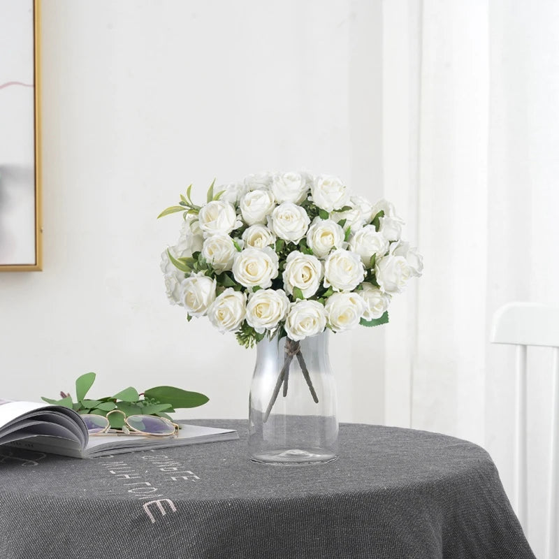 Artificial Flower Ten Head Silk White Rose Bundle Scrapbook Christmas Wedding Outdoor Garden Party Family Room Vase Decoration