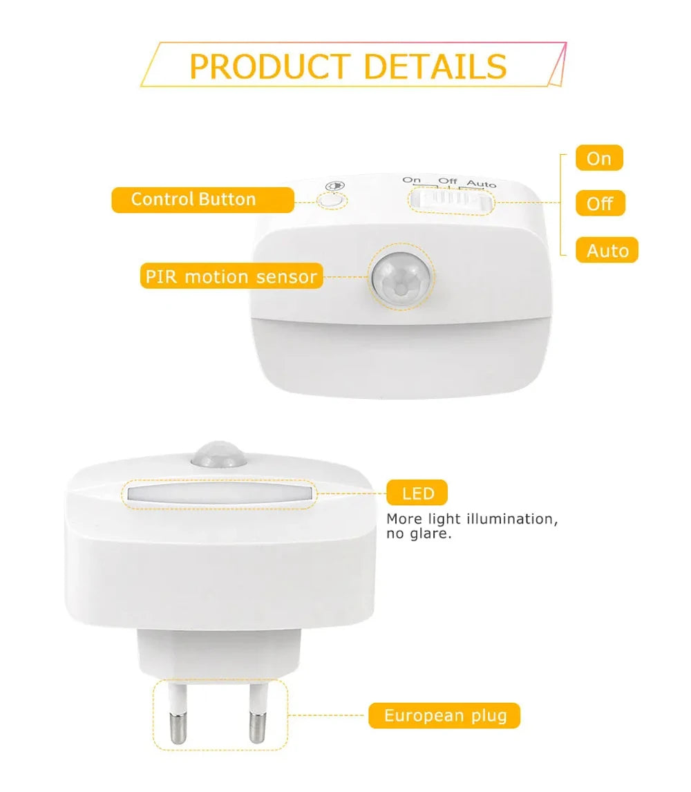 LED Night Light EU Plug In Smart Motion Sensor Light