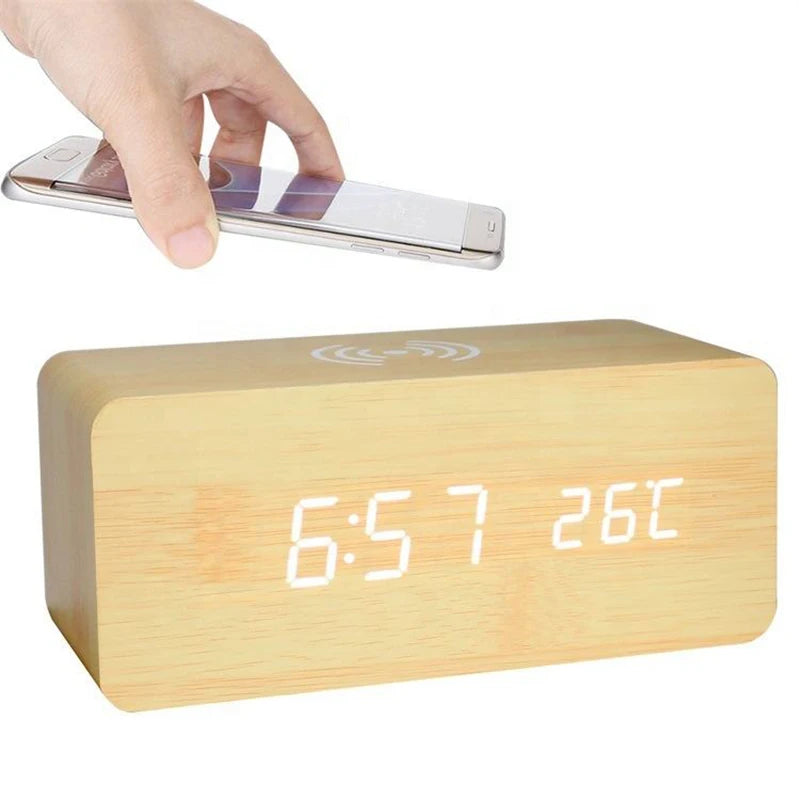 Wooden Digital Alarm Clock with Wireless Charging
