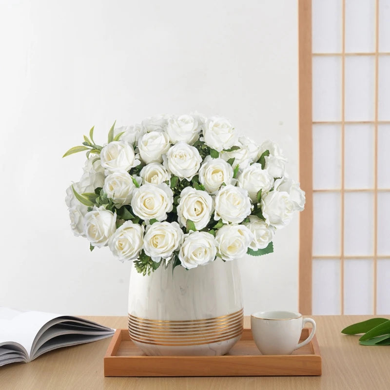Artificial Flower Ten Head Silk White Rose Bundle Scrapbook Christmas Wedding Outdoor Garden Party Family Room Vase Decoration