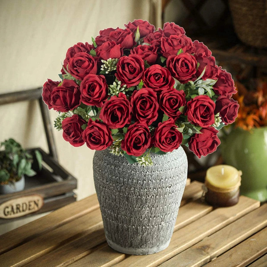 Artificial Flower Ten Head Silk White Rose Bundle Scrapbook Christmas Wedding Outdoor Garden Party Family Room Vase Decoration