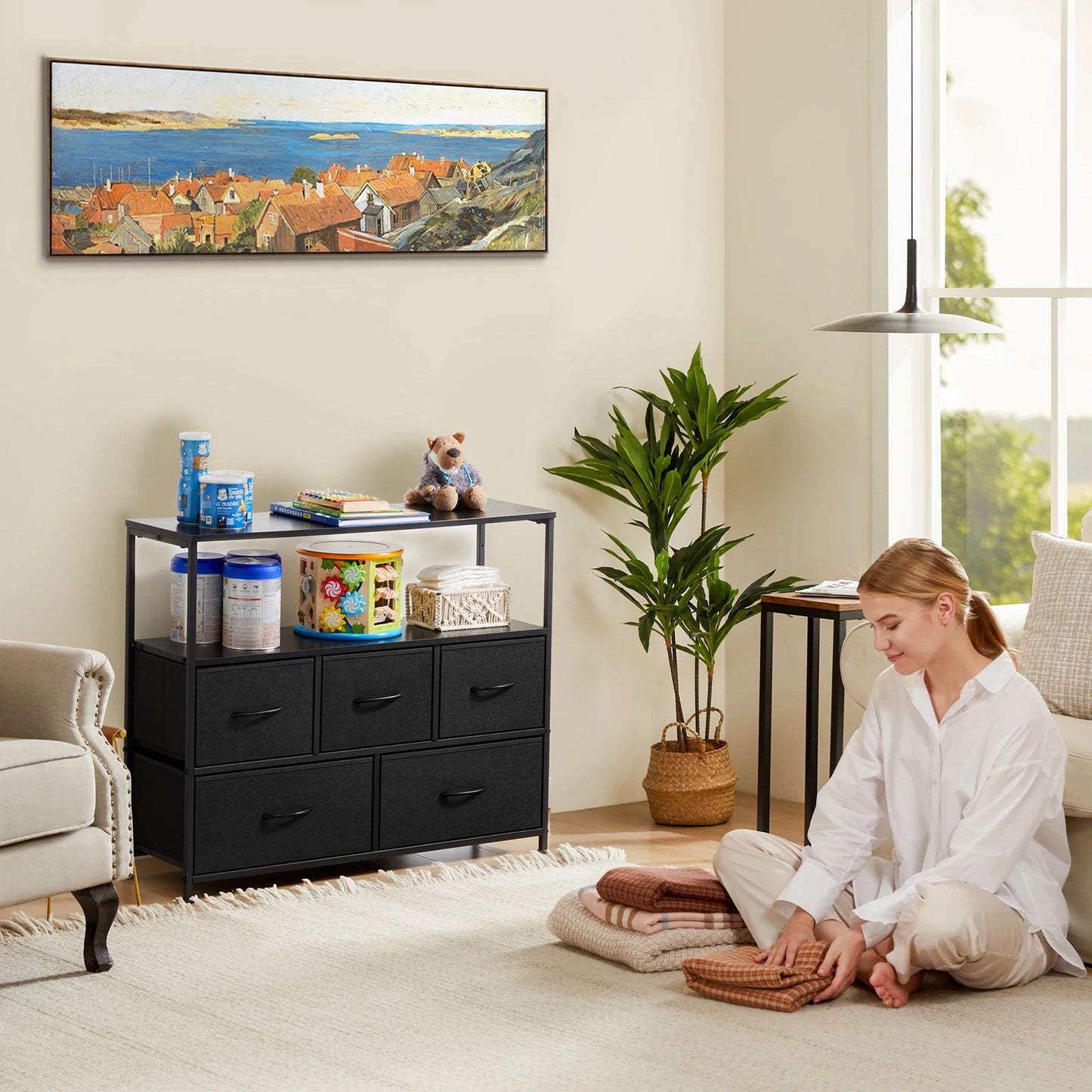 JHK Shoe Cabinet Dresser With 5 Fabric Drawers