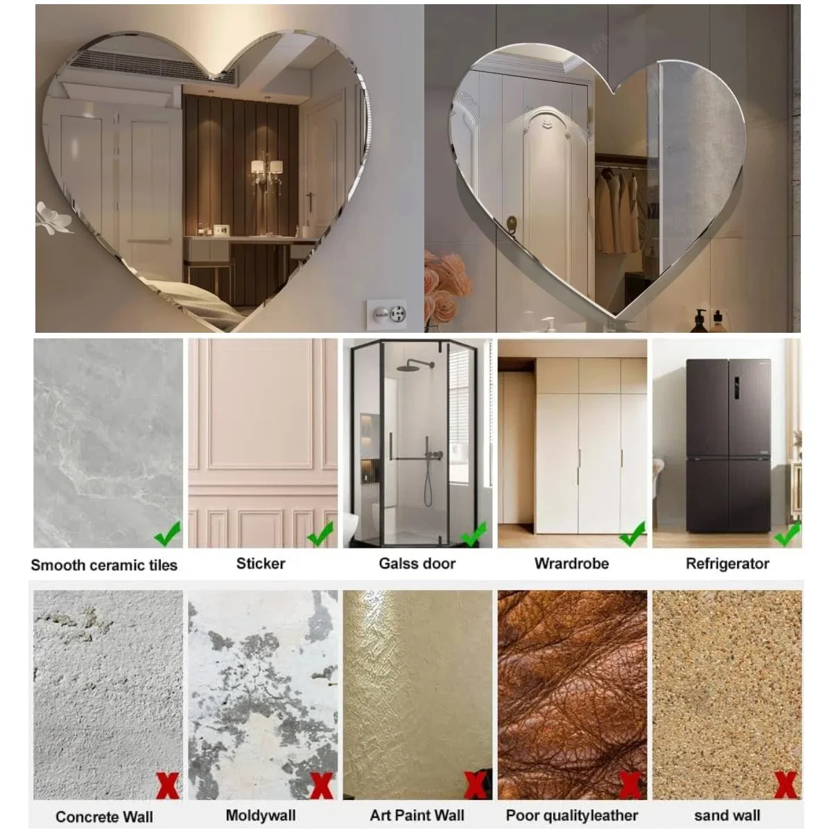 7.87 Inch Heart-shaped Irregular Bathroom Acrylic Shatterproof Mirrors, Non Glass