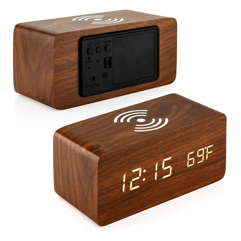 Wooden Digital Alarm Clock with Wireless Charging