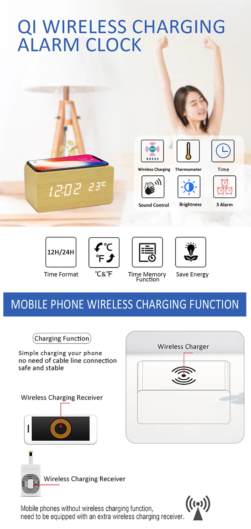 Wooden Digital Alarm Clock with Wireless Charging