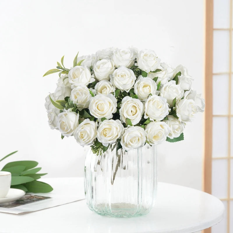 Artificial Flower Ten Head Silk White Rose Bundle Scrapbook Christmas Wedding Outdoor Garden Party Family Room Vase Decoration