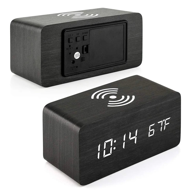 Wooden Digital Alarm Clock with Wireless Charging