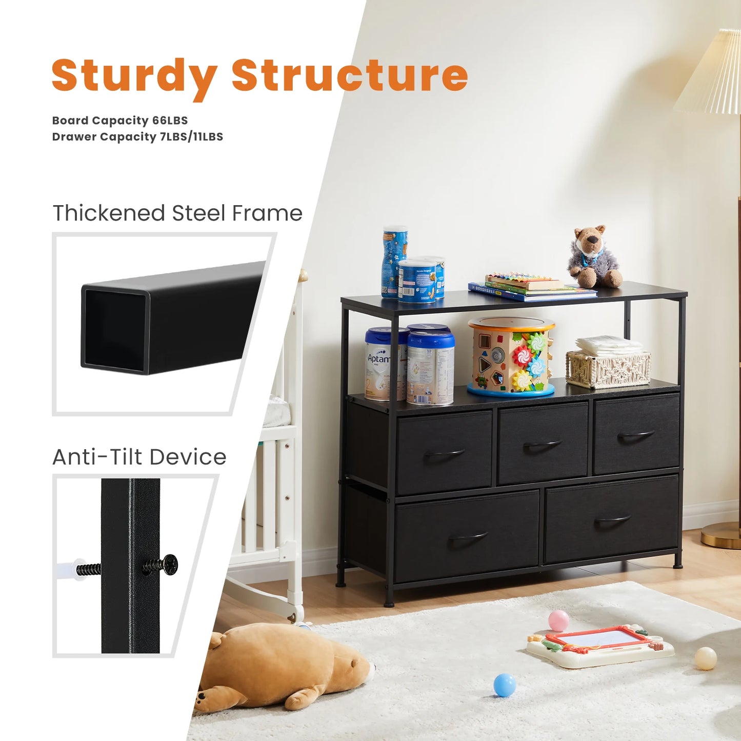 JHK Shoe Cabinet Dresser With 5 Fabric Drawers