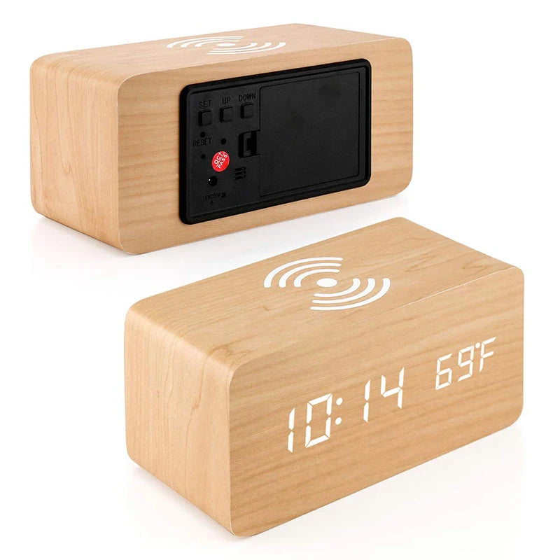 Wooden Digital Alarm Clock with Wireless Charging