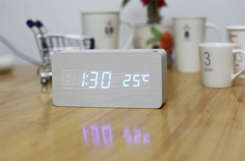 Wooden Digital Alarm Clock with Wireless Charging