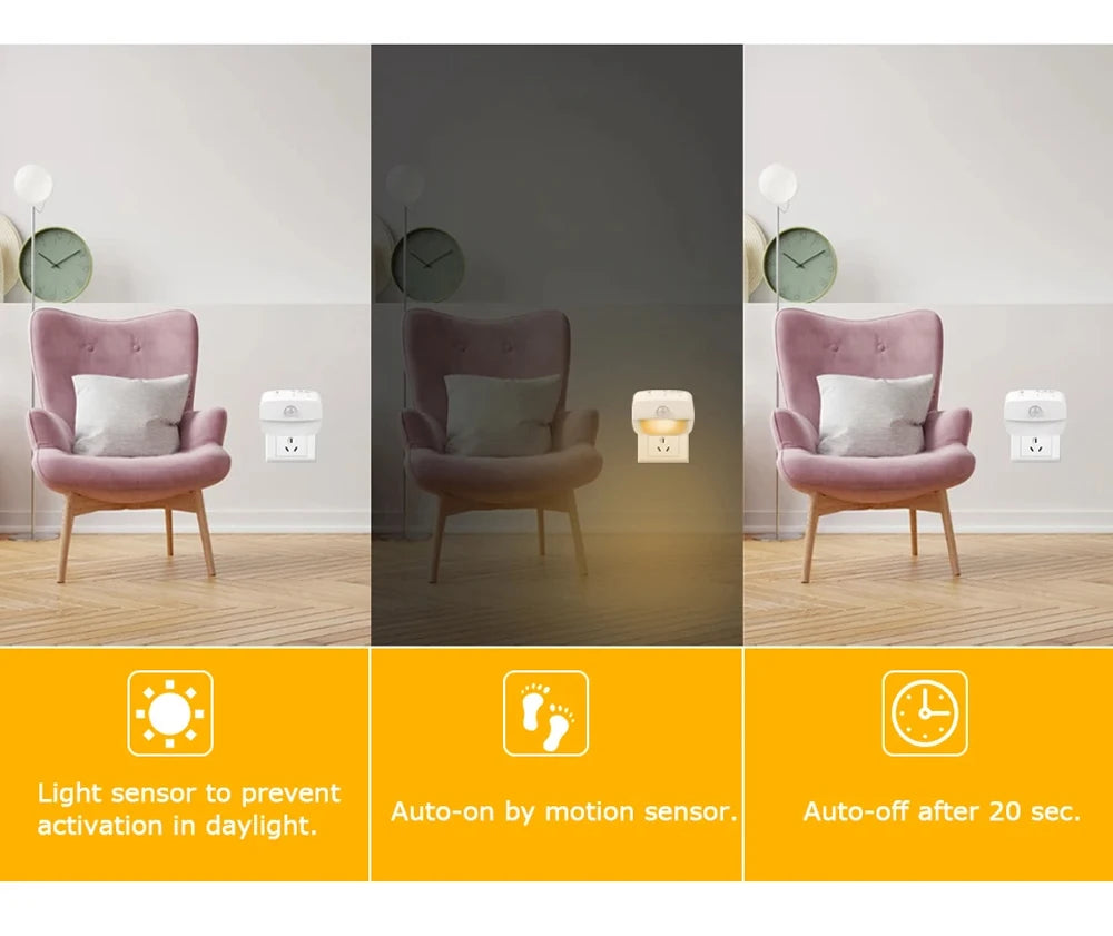 LED Night Light EU Plug In Smart Motion Sensor Light