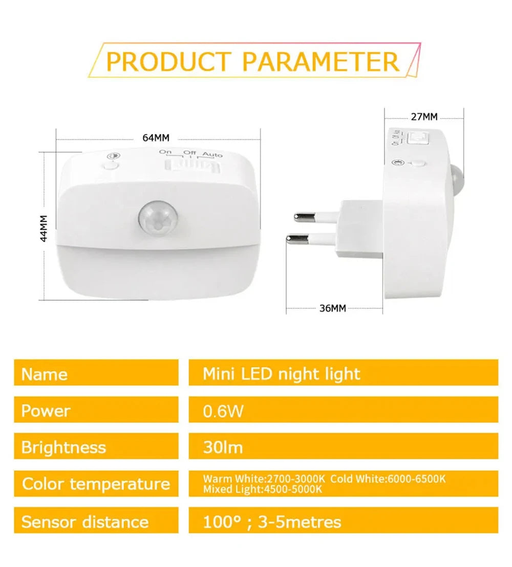 LED Night Light EU Plug In Smart Motion Sensor Light