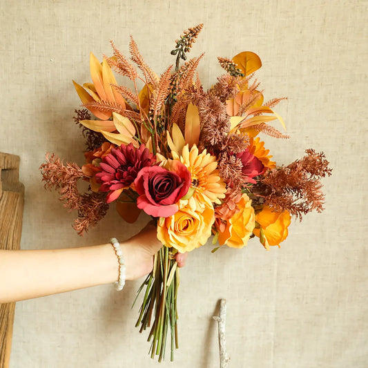 Autumn Bouquet Silk Rose Maple Leaves Dandelion Fake Flowers