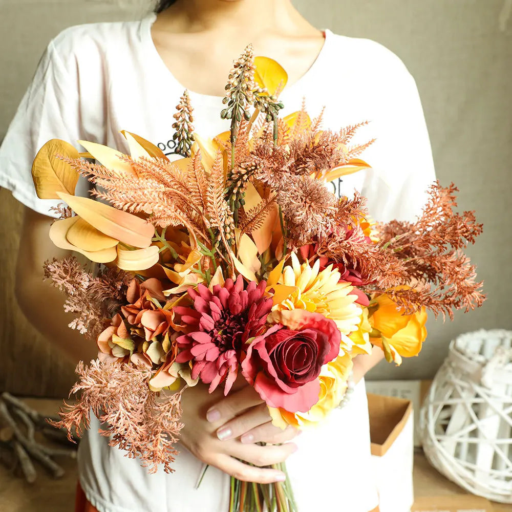 Autumn Bouquet Silk Rose Maple Leaves Dandelion Fake Flowers