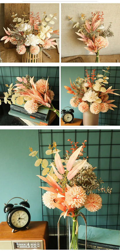 Autumn Bouquet Silk Rose Maple Leaves Dandelion Fake Flowers