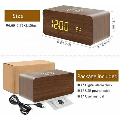 Wooden Digital Alarm Clock with Wireless Charging