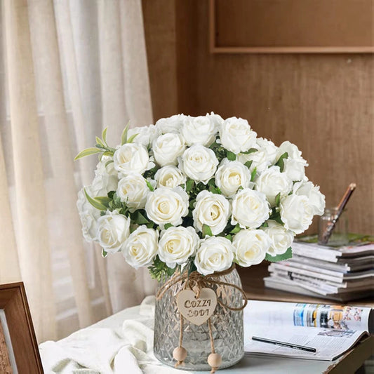 Artificial Flower Ten Head Silk White Rose Bundle Scrapbook Christmas Wedding Outdoor Garden Party Family Room Vase Decoration