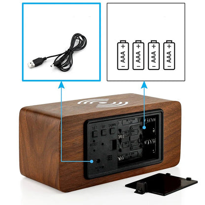 Wooden Digital Alarm Clock with Wireless Charging