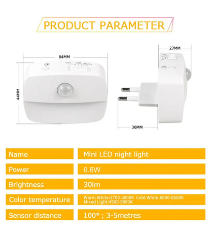 LED Night Light EU Plug In Smart Motion Sensor Light
